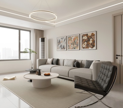  奶油风客餐厅 开放厨房3d模型 