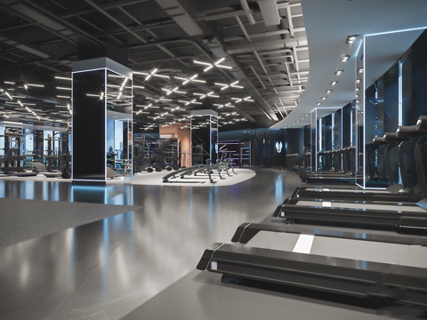 现代健身房 跑步机 健身器su模型