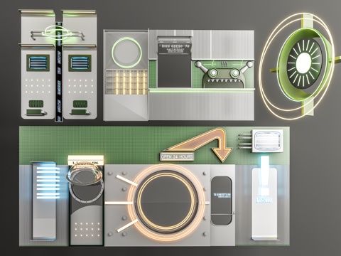 科技背景墙 工业风科技造型墙 金属造型门 出餐口 造型休闲卡su模型