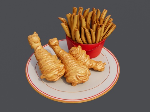 一盘炸鸡腿和薯条组合套餐su模型