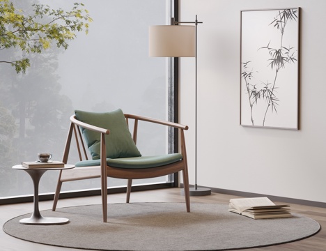 新中式休闲椅 装饰画 有扶手 实木休闲椅 落地灯su模型