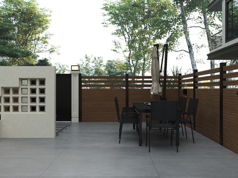  现代新中式庭院花园 围栏木格栅 庭院入户门 石材镂空隔断 餐3d模型 