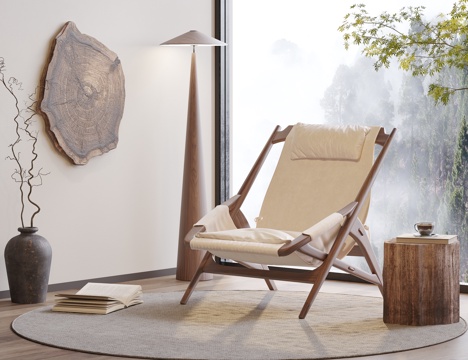 现代中古休闲椅 实木休闲椅 落地灯 边几su模型