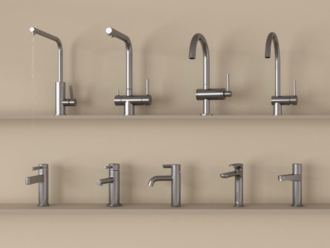 现代水龙头组合  不锈钢水龙头su模型
