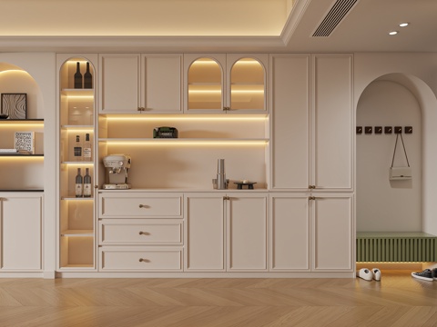  法式奶油风客餐厅厨房3d模型 