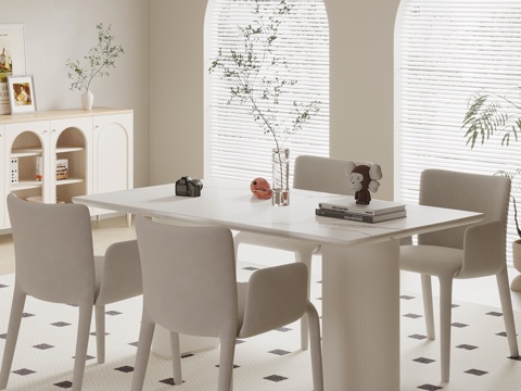  现代奶油风餐厅 餐桌椅 餐边柜3d模型 