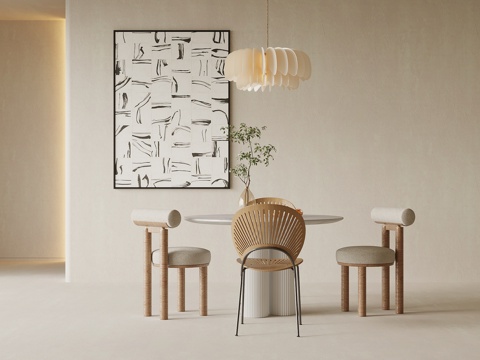 现代奶油风餐桌椅 圆形餐桌 吊灯su模型