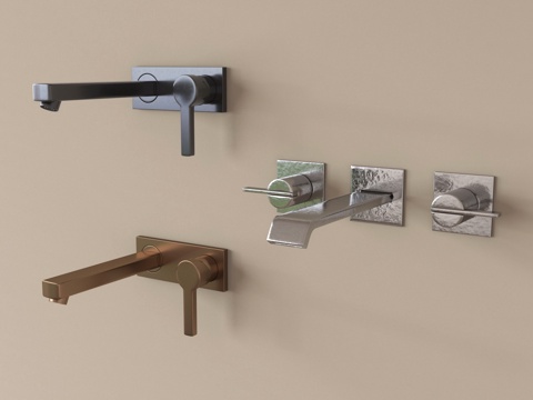 现代水龙头组合  不锈钢水龙头su模型