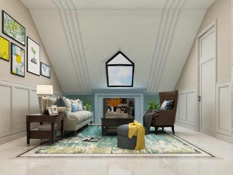  美式小清新现代美式阁楼客厅3d模型 