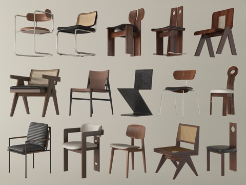 侘寂中古餐椅 单椅 木餐椅 休闲椅su模型