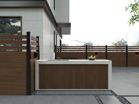  现代庭院花园洗手池 操作台 储物柜 柚木石材柜组合3d模型 