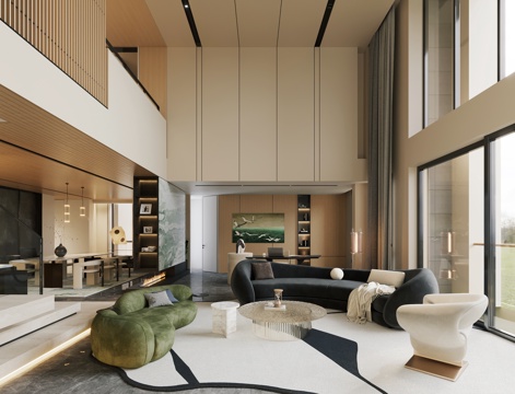 现代别墅客餐厅 意式挑空别墅客餐厅 轻奢风3d模型