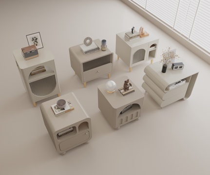 现代床头柜组合 实木床头柜 边柜 饰品摆件 花瓶绿植su模型