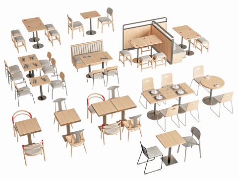 现代餐桌椅卡座 餐厅餐桌椅 快餐店餐桌椅 双人桌四人桌su模型