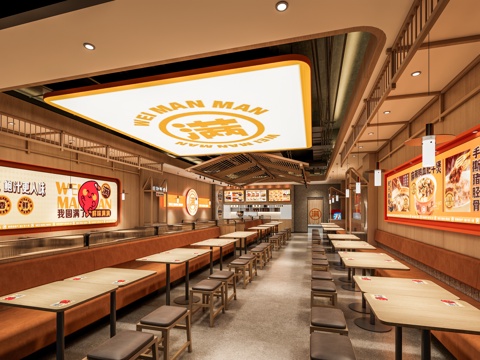 现代快餐店餐饮店 餐桌椅卡座 出餐口餐饮台 软膜灯箱前台 厨su模型