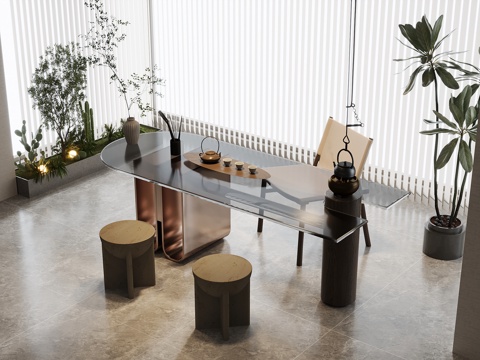 现代茶桌椅 茶台 茶具su模型