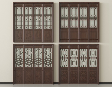 中式门组合 复古单开门  花格扇 镂空花格su模型