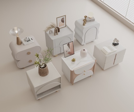 现代床头柜组合 实木床头柜 边柜 饰品摆件 花瓶绿植su模型