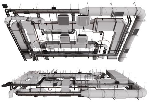 现代工业LOFT吊顶 裸顶吊顶 工业管道吊顶 铁丝网吊顶su模型