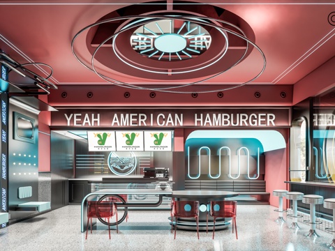 赛博朋克风奶茶店 未来科技霓虹灯 餐桌椅卡座休闲椅 吧台前台su模型