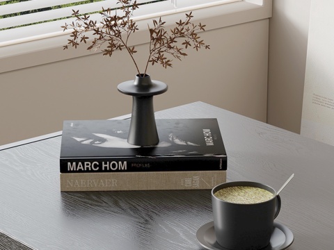 现代书籍摆件 咖啡杯 花瓶花艺su模型