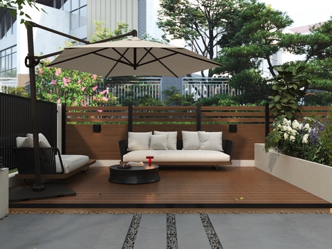  现代新中式庭院花园 围栏木格栅 休闲木平台 户外双人沙发 圆3d模型 