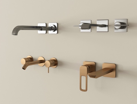 现代水龙头组合  不锈钢水龙头su模型