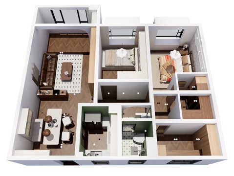 现代风家装鸟瞰图 室内家装空间 鸟瞰图 现代家装样板房su模型