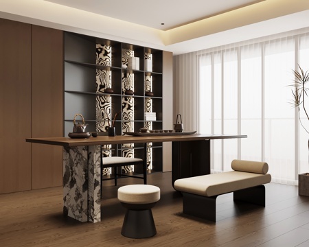 现代意式茶室 茶桌椅 茶柜su模型