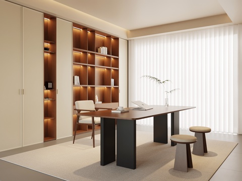 中古书房 书桌椅 书柜su模型