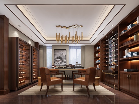  美式 轻奢 办公室 经理办公室 书桌 办法桌 酒柜 书柜3d模型 