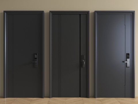 现代防盗门组合 单开门 平开门 指纹锁门su模型