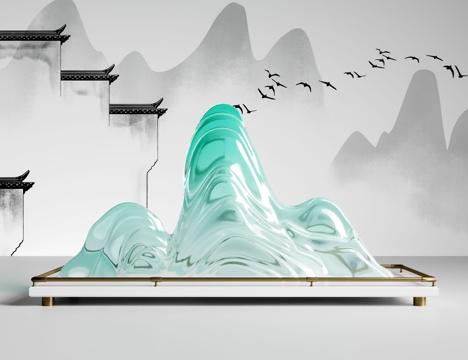 新中式假山摆件 水晶石雕塑 水景石摆件su模型