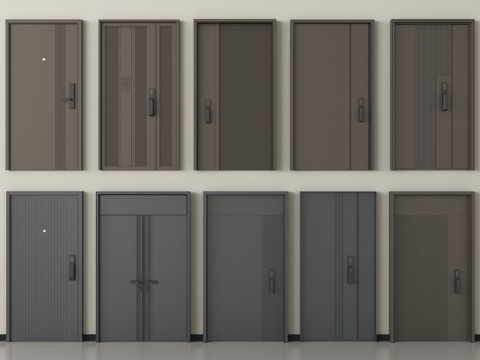 现代防盗门组合 单开门 子母门 平开门 指纹锁门su模型