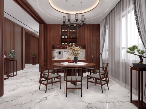  新中式餐厅3d模型 