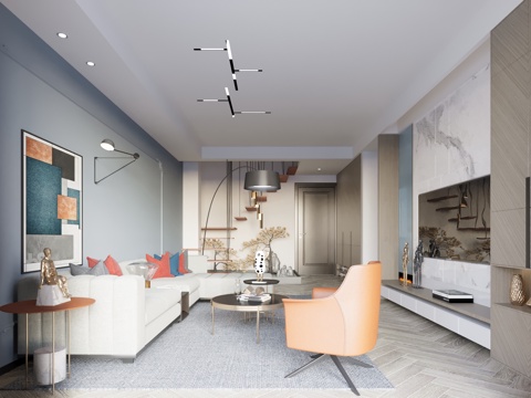  现代简约复式客厅 沙发茶几 电视柜 沙发椅 玄关鞋柜3d模型 