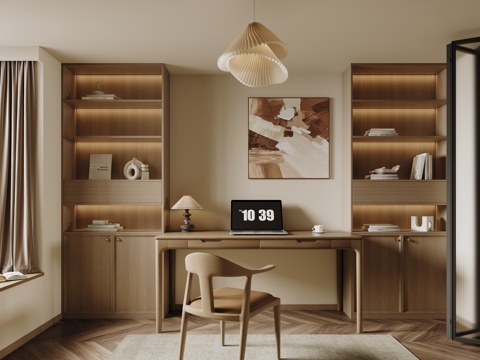 现代原木书房 书柜 书桌su模型