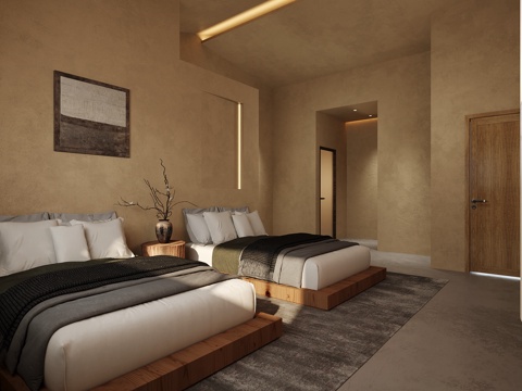 侘寂风卧室 民宿 双人床su模型