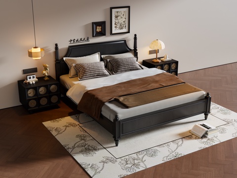  法式中古风双人床 实木双人床 床头柜 挂画 地毯3d模型 