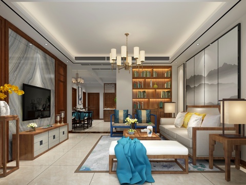  新中式客餐厅 沙发 电视3d模型 