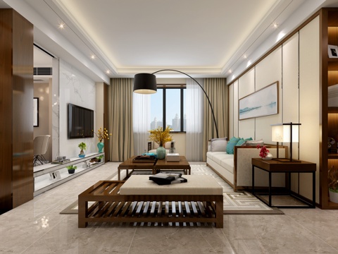  新中式客餐厅 沙发茶几 榻3d模型 