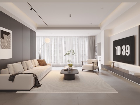 现代家居客厅 沙发茶几组合 休闲椅 落地灯 电视 装饰画 摆su模型