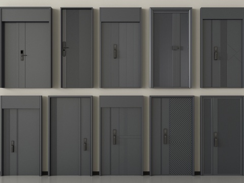 现代防盗门组合 单开门 子母门 平开门 指纹锁门su模型