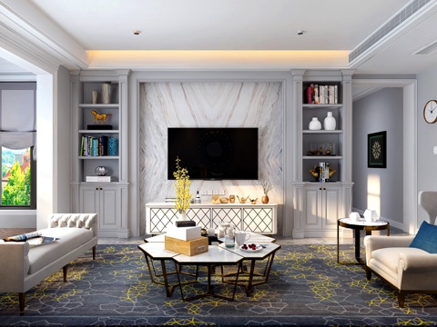  美式现代美式简约轻奢客厅电视墙书柜酒柜沙发茶几3d模型 