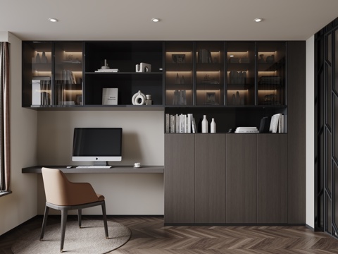 现代原木书房 书柜 书桌su模型