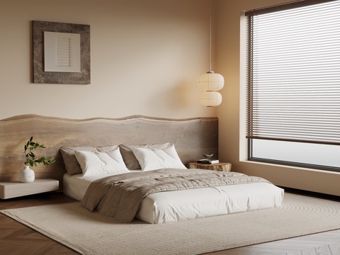 诧寂风卧室 双人床 墙裙 床头背景su模型