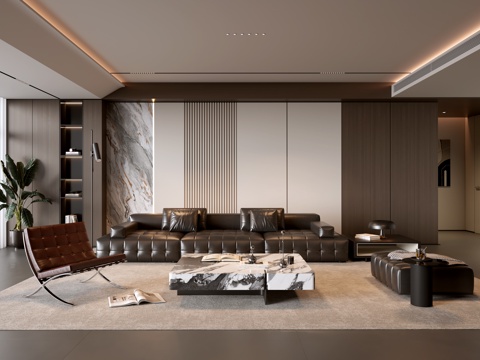 意式客厅 现代客厅  沙发茶几组合 休闲椅 凳子 皮质沙发su模型