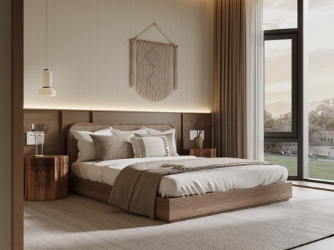 侘寂风卧室 双人床 床头柜su模型