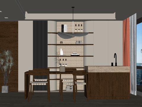 中古侘寂风餐厅 餐桌椅组合 餐边柜 吊灯 绿植摆件su模型