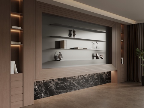 现代中古风背景墙 书架su模型